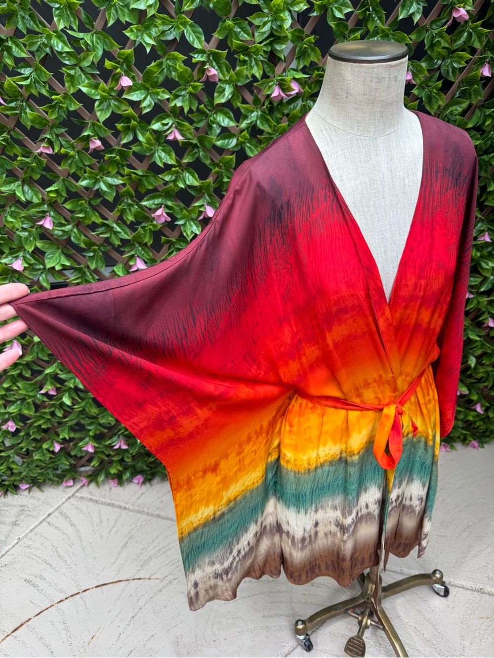 Alice + Olivia Red Orange Yellow Gradient Tie-Waist Kimono Tunic